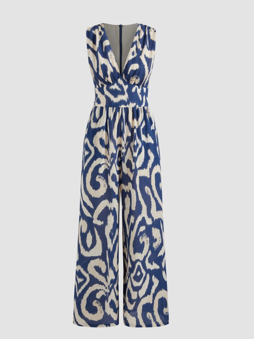 Cider Blue & Cream Printed Deep-V Wide-Leg Jumpsuit
